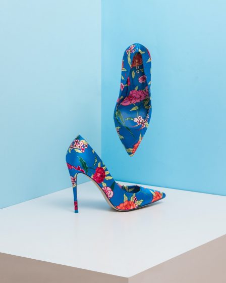 pair of blue-and-pink floral almond-toe pumps