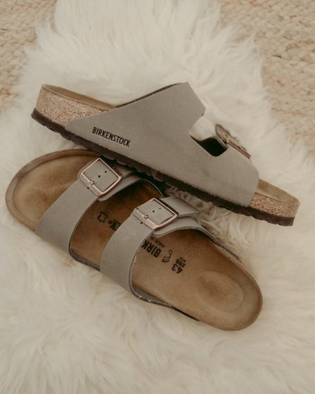 brown and gray slide sandals