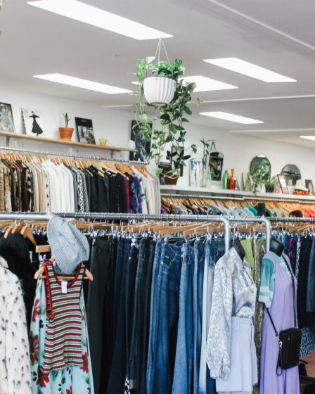 assorted-color clothes hanged inside department store with lights turned on