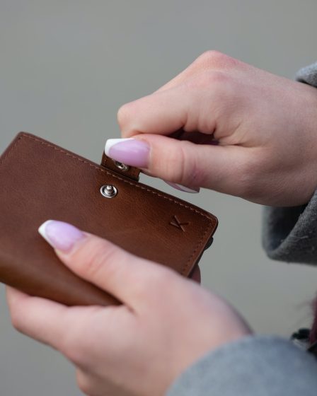 person holding brown leather wallet